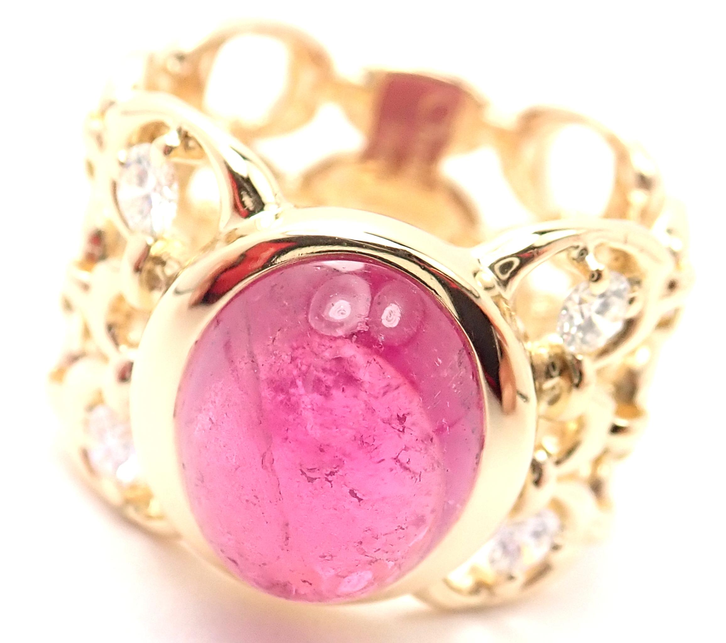 18k Yellow Gold Diamond Large Pink Tourmaline Ring by Christian Dior. 
With 4 round brilliant cut diamonds VVS1 clarity, E color total weight approx. .30ct
1 large oval pink tourmaline 12mm x 10mm
Details: 
Size: European 59, US 8 3/4
Width: