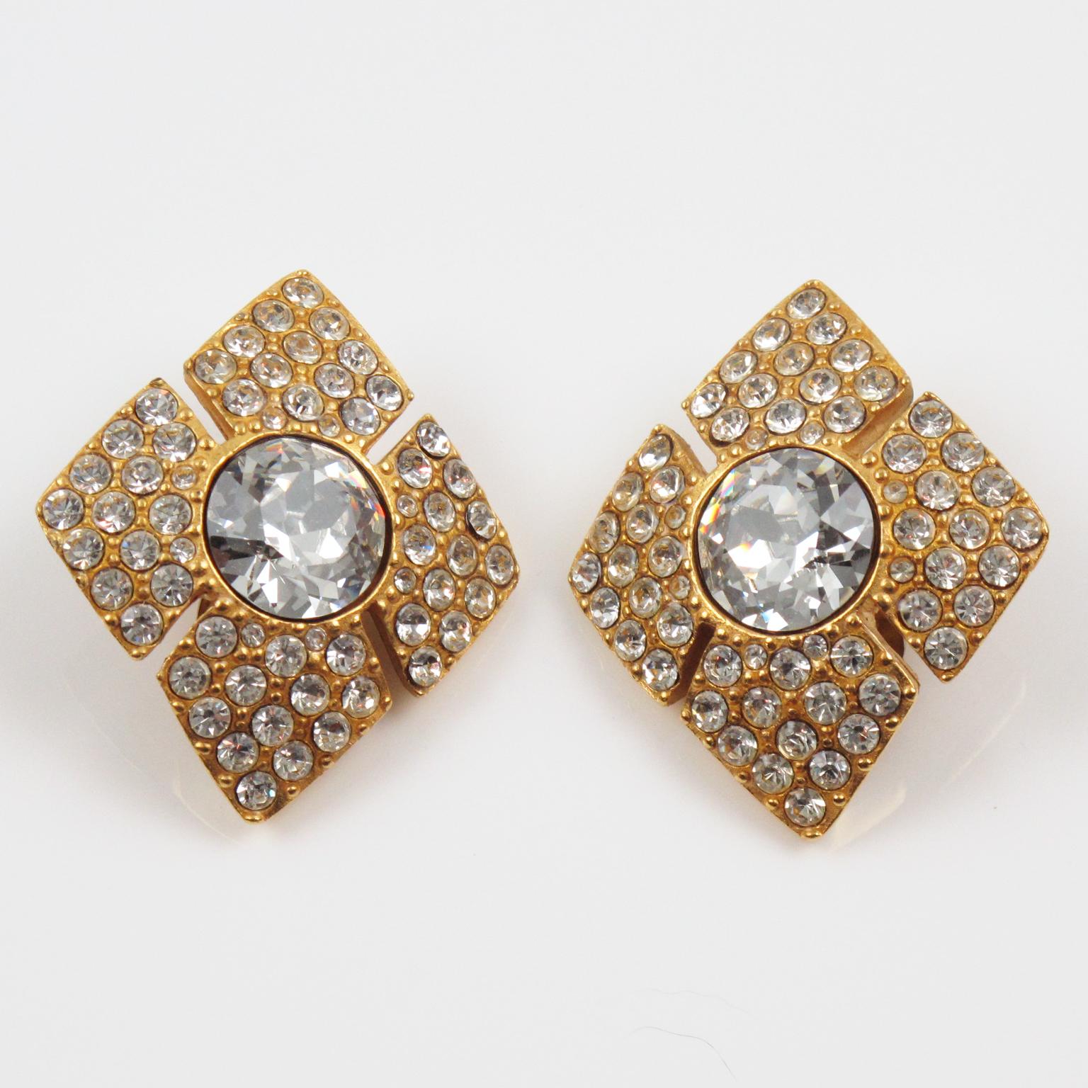Modern Christian Dior Diamond-Shaped Jeweled Clip Earrings For Sale