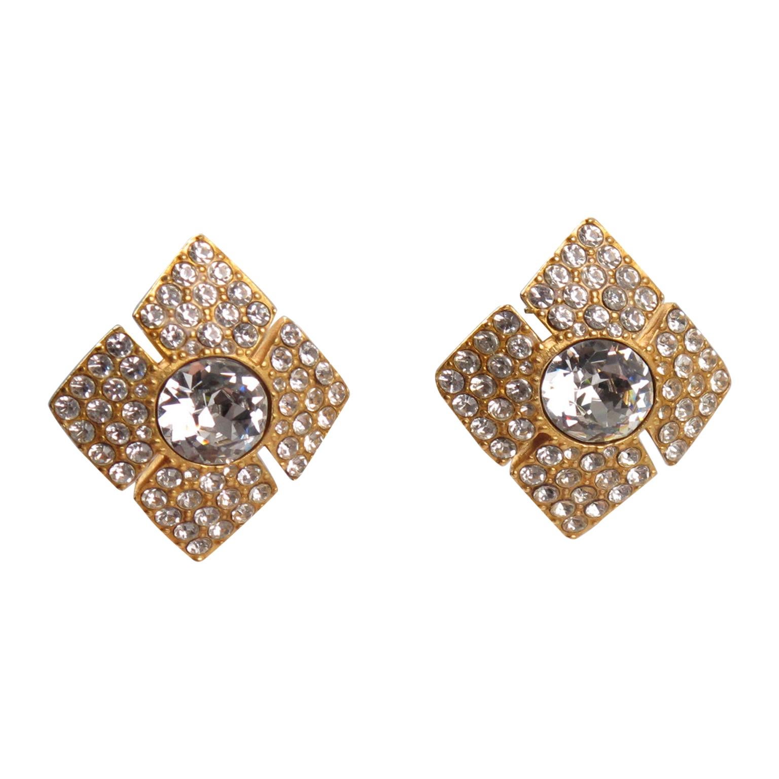 Christian Dior Diamond-Shaped Jeweled Clip Earrings In Excellent Condition For Sale In Atlanta, GA