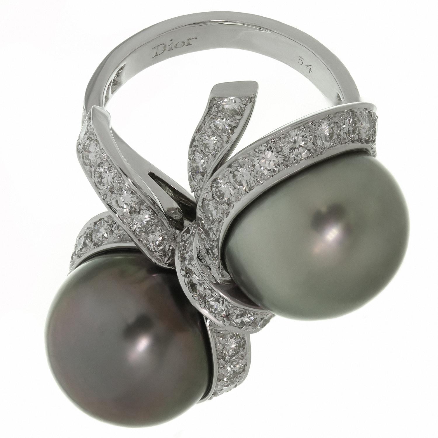 Christian Dior Diamond Tahitian Pearl White Gold Caprice Ring In Excellent Condition In New York, NY