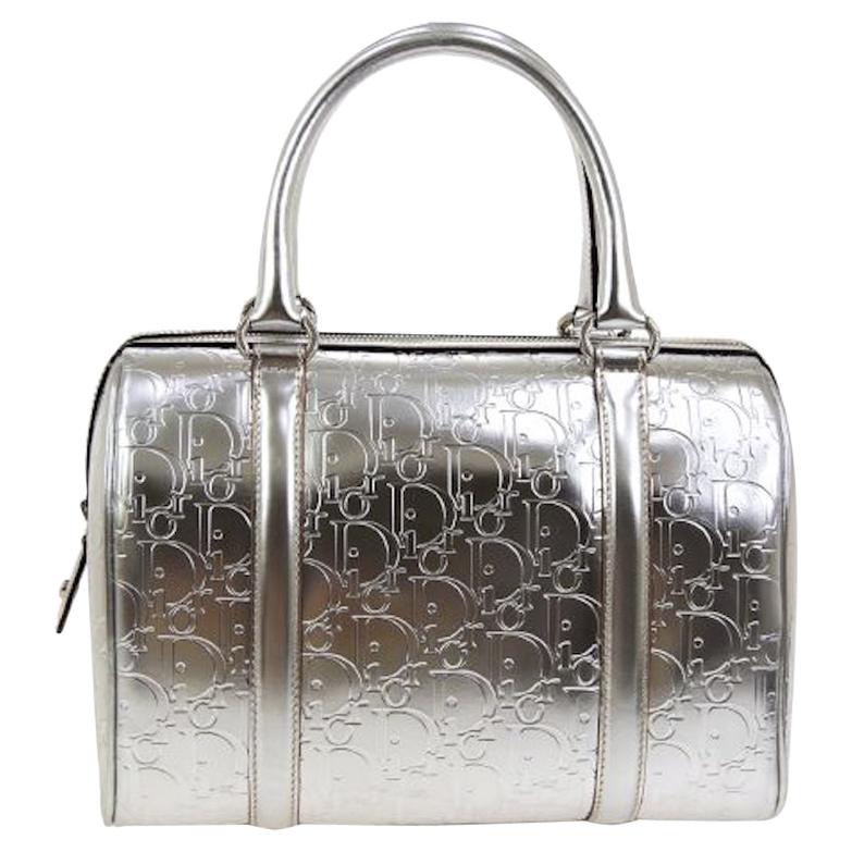Christian Dior "Dior" Logo Silver Leather Top Handle Satchel Speedy Bag