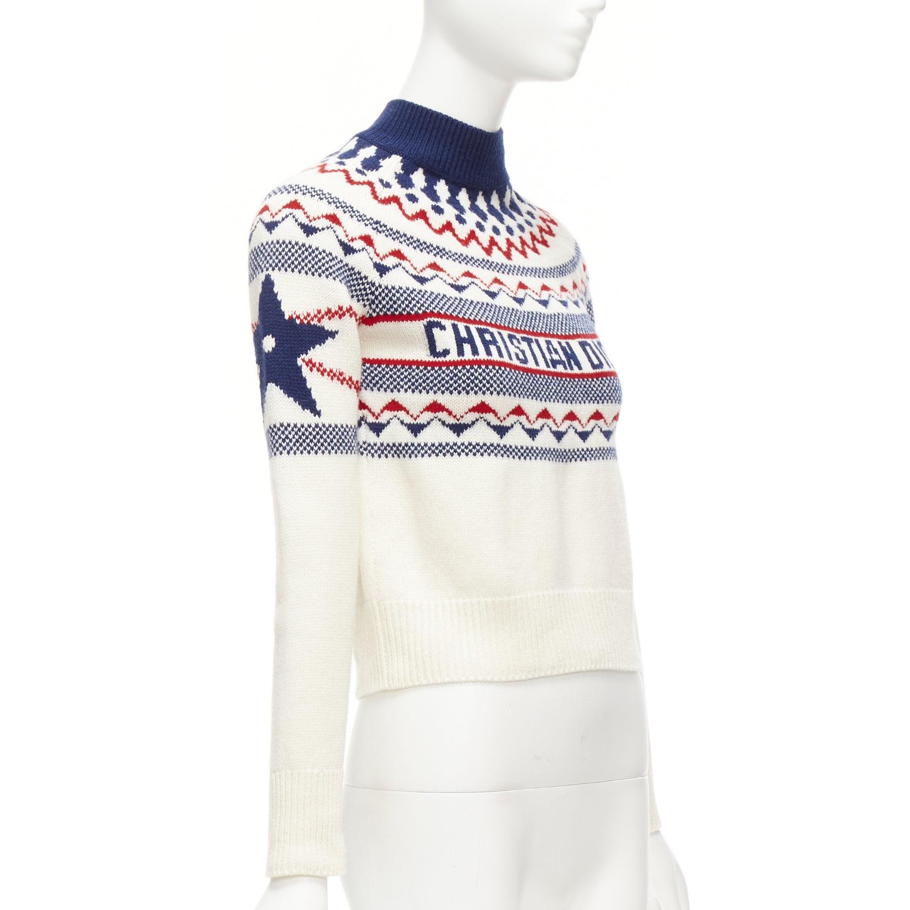 Beige CHRISTIAN DIOR Dioralps cream wool cashmere logo star fairisle sweater FR34 XS