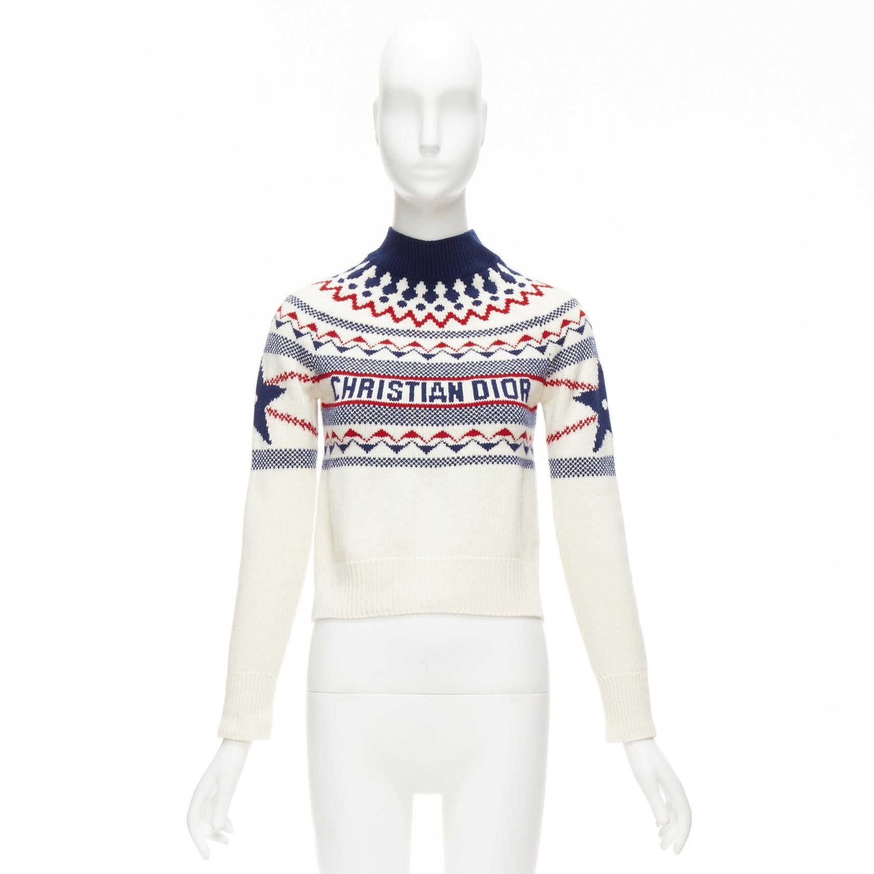 CHRISTIAN DIOR Dioralps cream wool cashmere logo star fairisle sweater FR34 XS 4