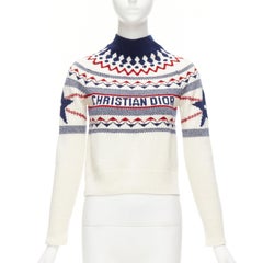 CHRISTIAN DIOR Dioralps cream wool cashmere logo star fairisle sweater FR34 XS