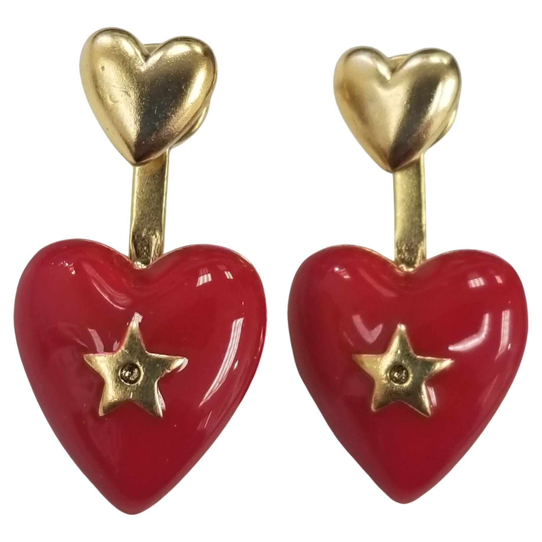 Christian Dior Dioramour Brass Gold Red Enamel Heart Earrings