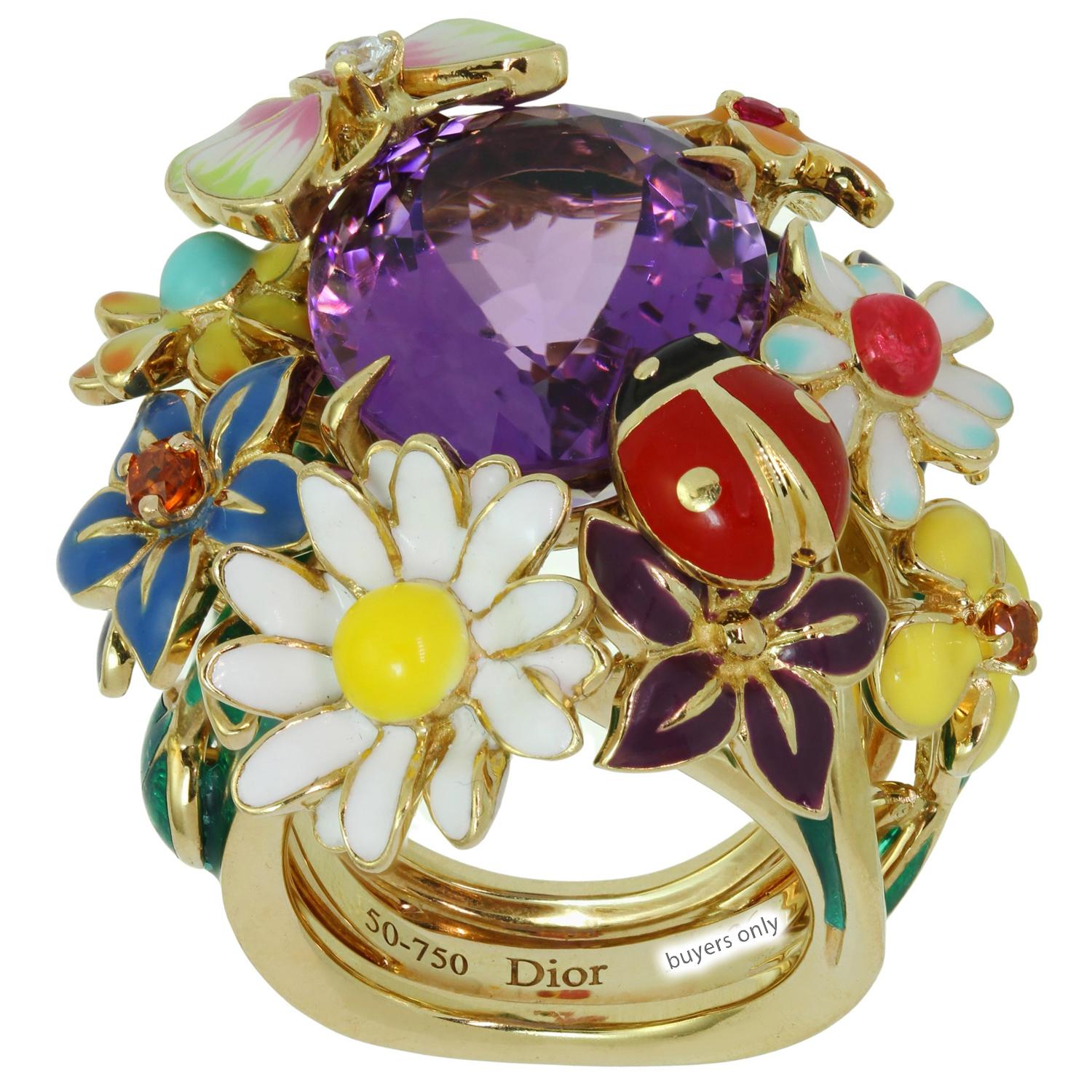 Oval Cut CHRISTIAN DIOR Diorette Amethyst Diamond Gemstone Yellow Gold Large Ring For Sale