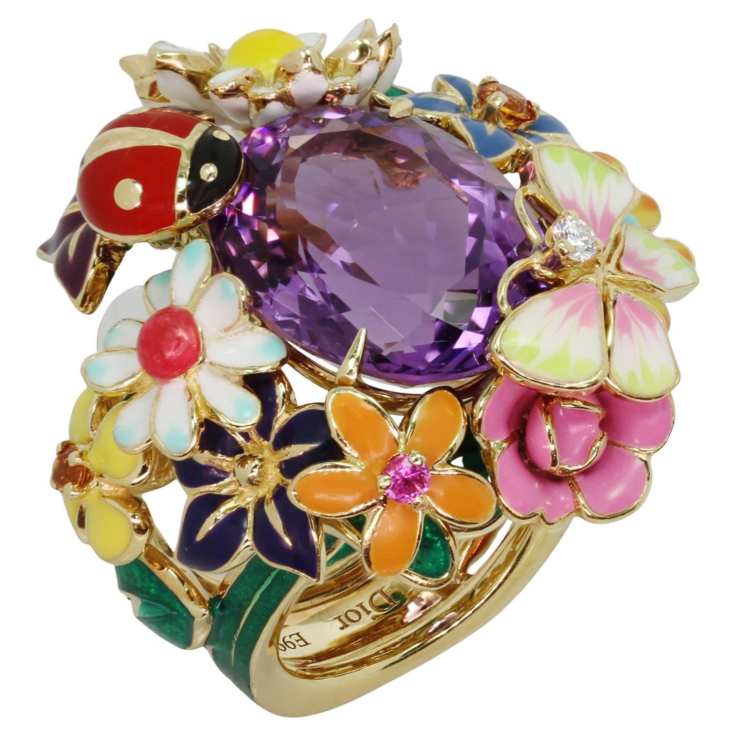 CHRISTIAN DIOR Diorette Amethyst Diamond Gemstone Yellow Gold Large Ring