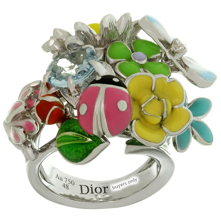 Christian Dior Diorette Aquamarine Enamel White Gold Medium Ring For