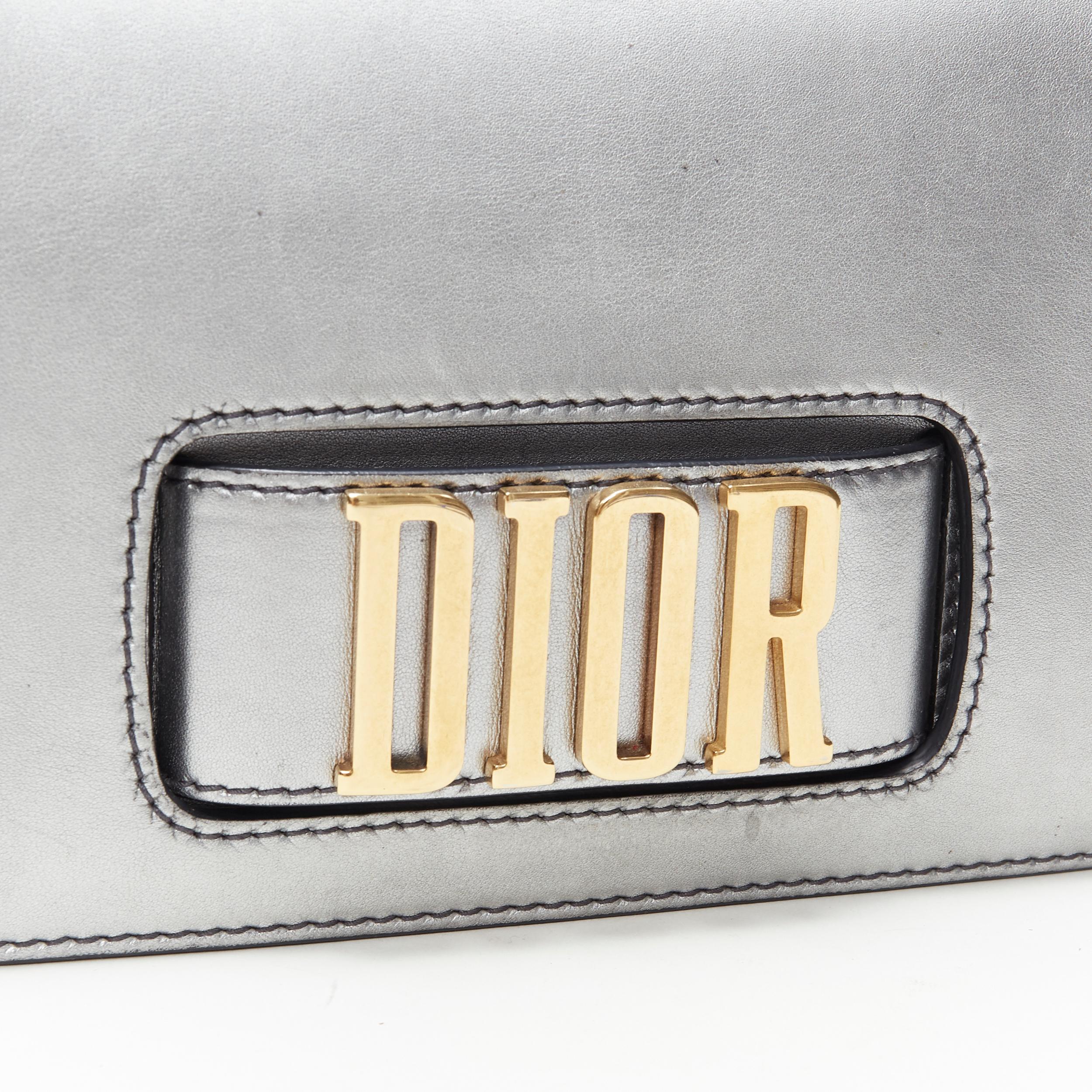 Gray CHRISTIAN DIOR Dio(r)evolution silver leather gold logo strap flap crossbody bag