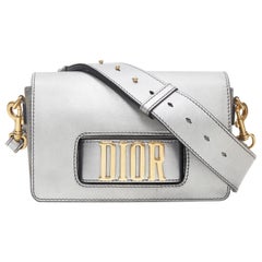 CHRISTIAN DIOR Dio(r)evolution silver leather gold logo strap flap crossbody bag