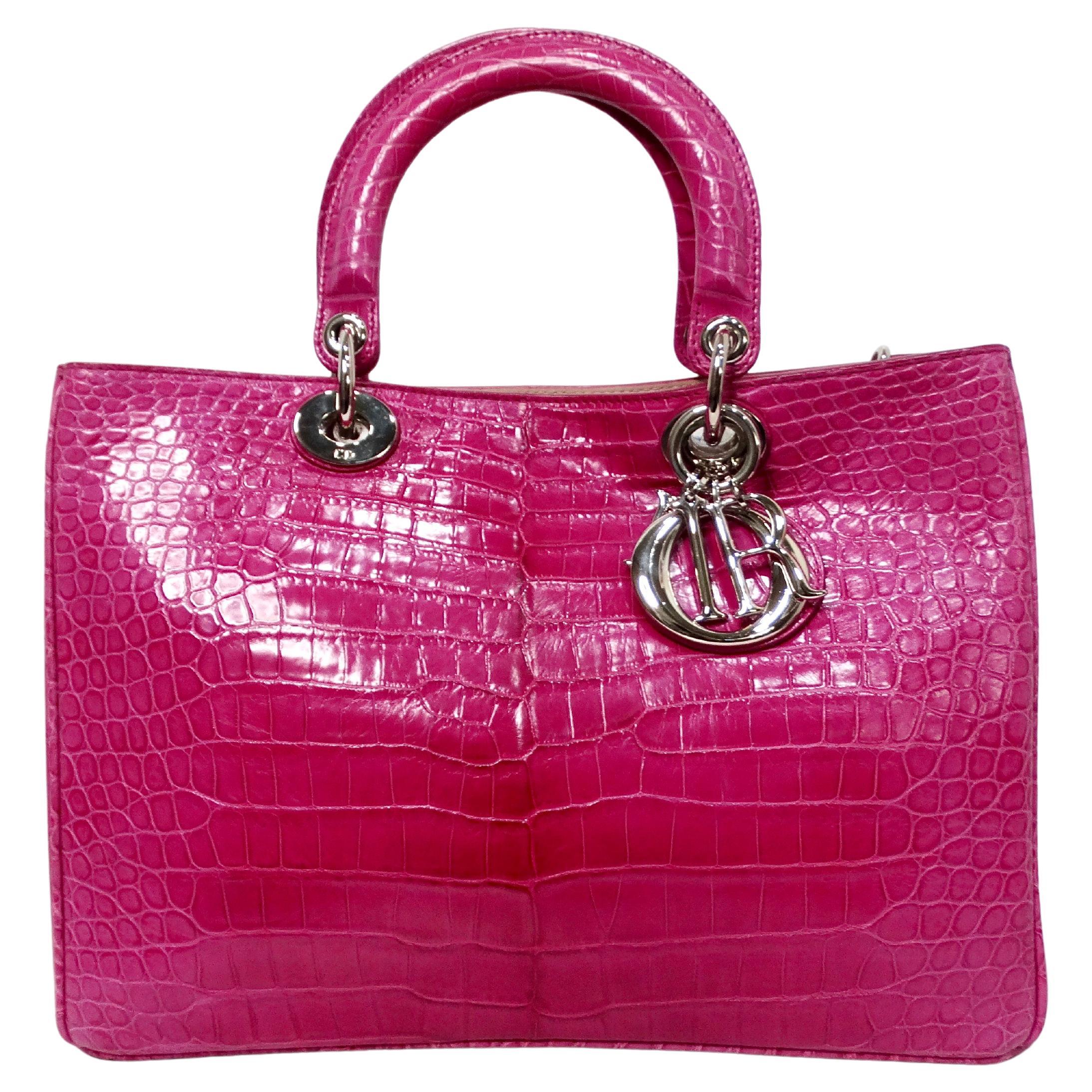 Christian Dior Diorissimo Purple Pink Crocodile Lady Dior Handbag en venta