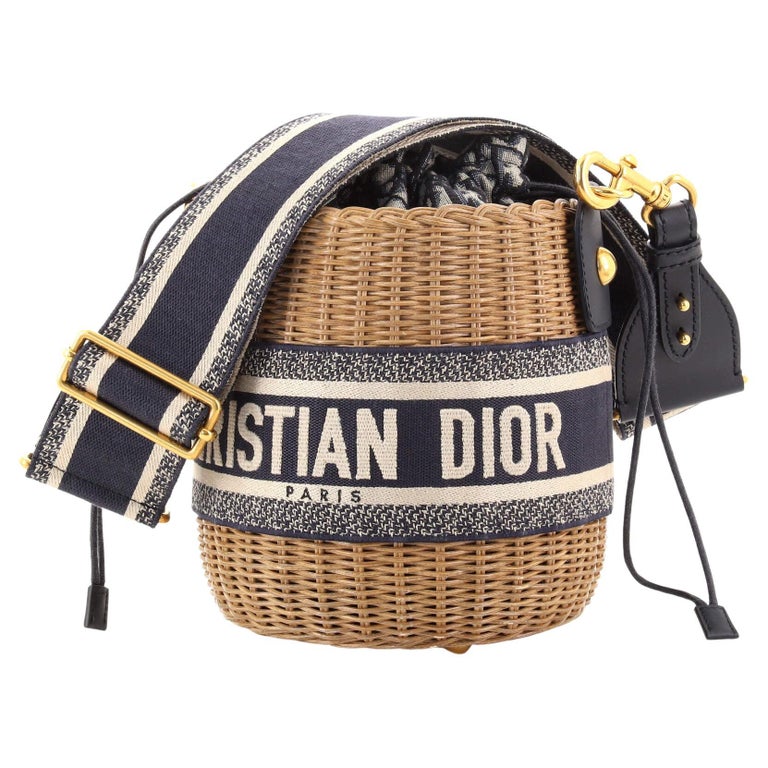 Christian Dior Drawstring Bucket Bag Wicker with Oblique Canvas For Sale at 1stDibs