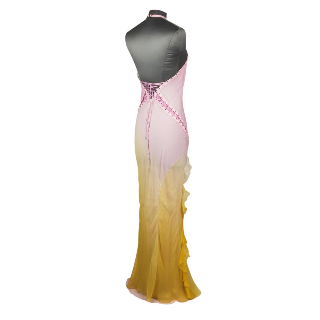 Christian Dior Dress Pink Ombre to Yellow Silk Chiffon Halter Lace Up 40 / 8 3