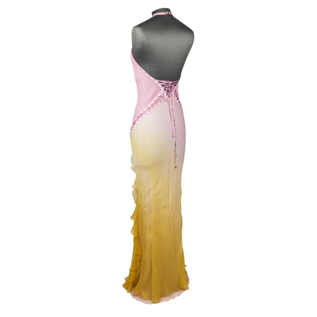 Christian Dior Dress Pink Ombre to Yellow Silk Chiffon Halter Lace Up 40 / 8 5