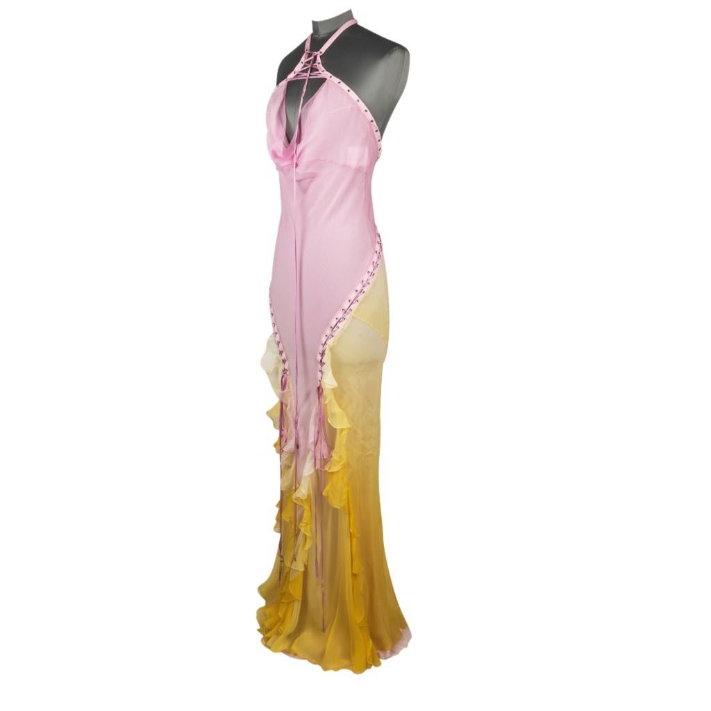 Beige Christian Dior Dress Pink Ombre to Yellow Silk Chiffon Halter Lace Up 40 / 8