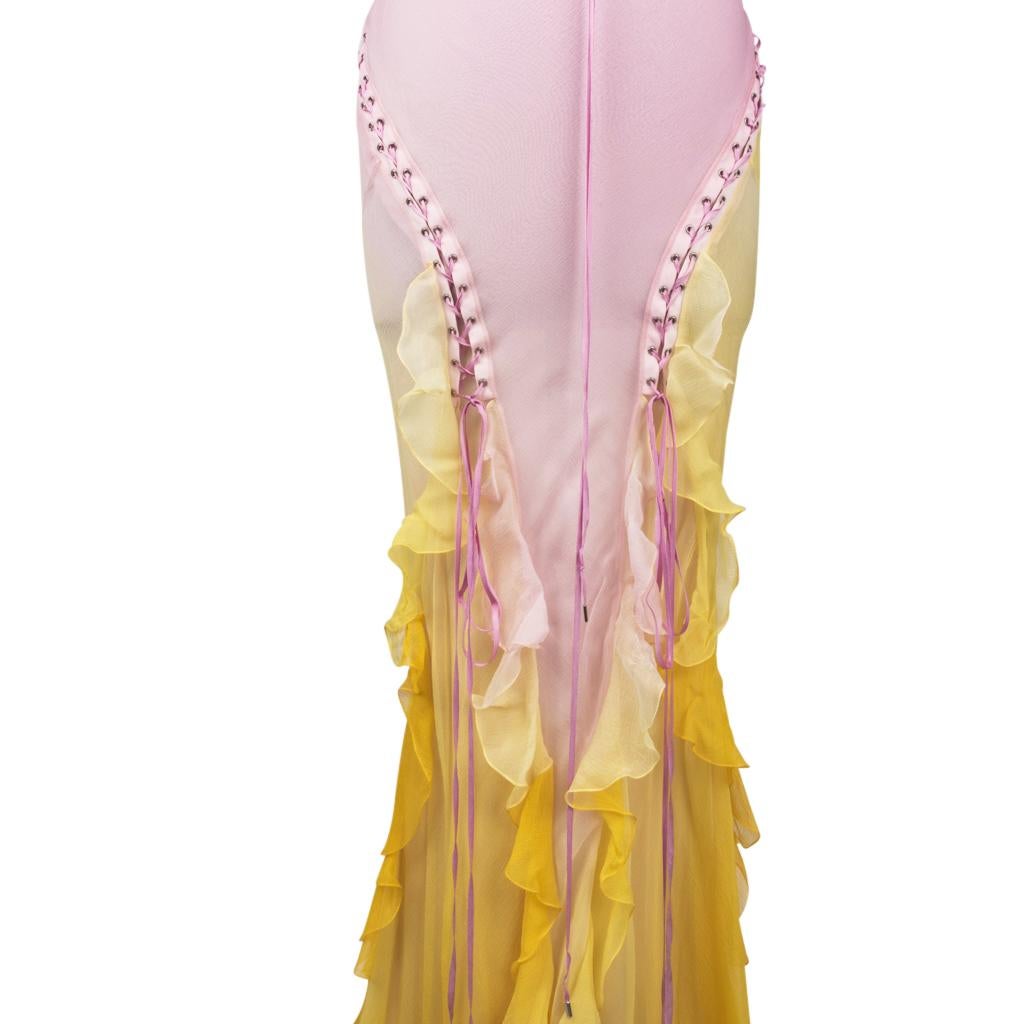 Christian Dior Dress Pink Ombre to Yellow Silk Chiffon Halter Lace Up 40 / 8 In Good Condition In Miami, FL