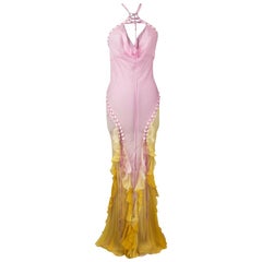 Christian Dior Dress Pink Ombre to Yellow Silk Chiffon Halter Lace Up 40 / 8