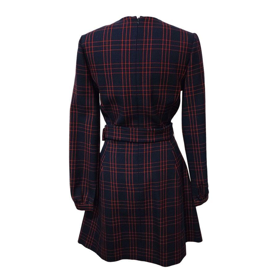 100% Virgin wool Blue color Red check Long sleeve With belt Shoulder/hem length cm 85 (33,4 inches) Shoulder cm 38 (14,9 inches) French size 36, italian 40