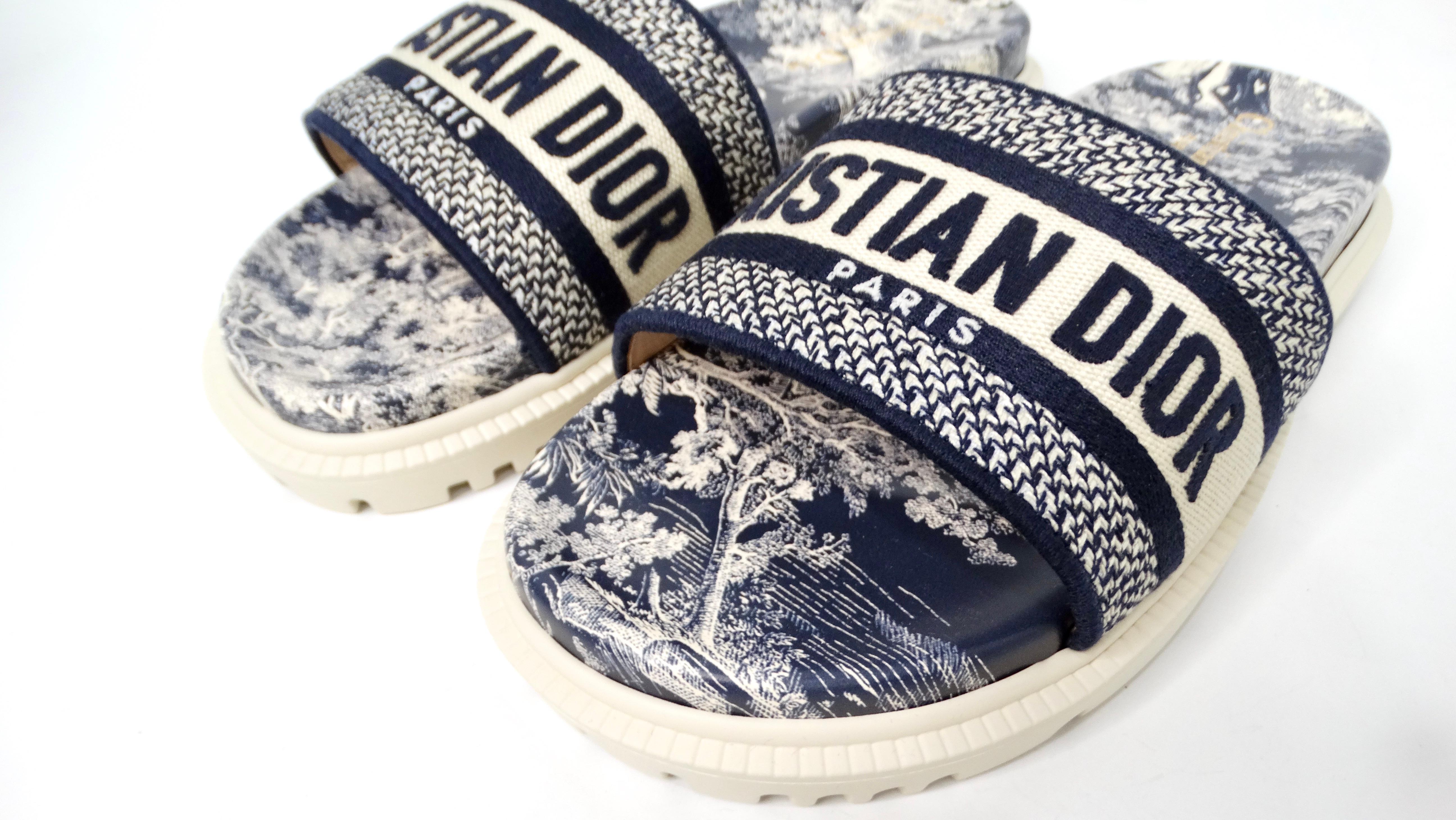 Gray Christian Dior Dway Canvas Toile de Jouy Blue Embroidered Slides For Sale