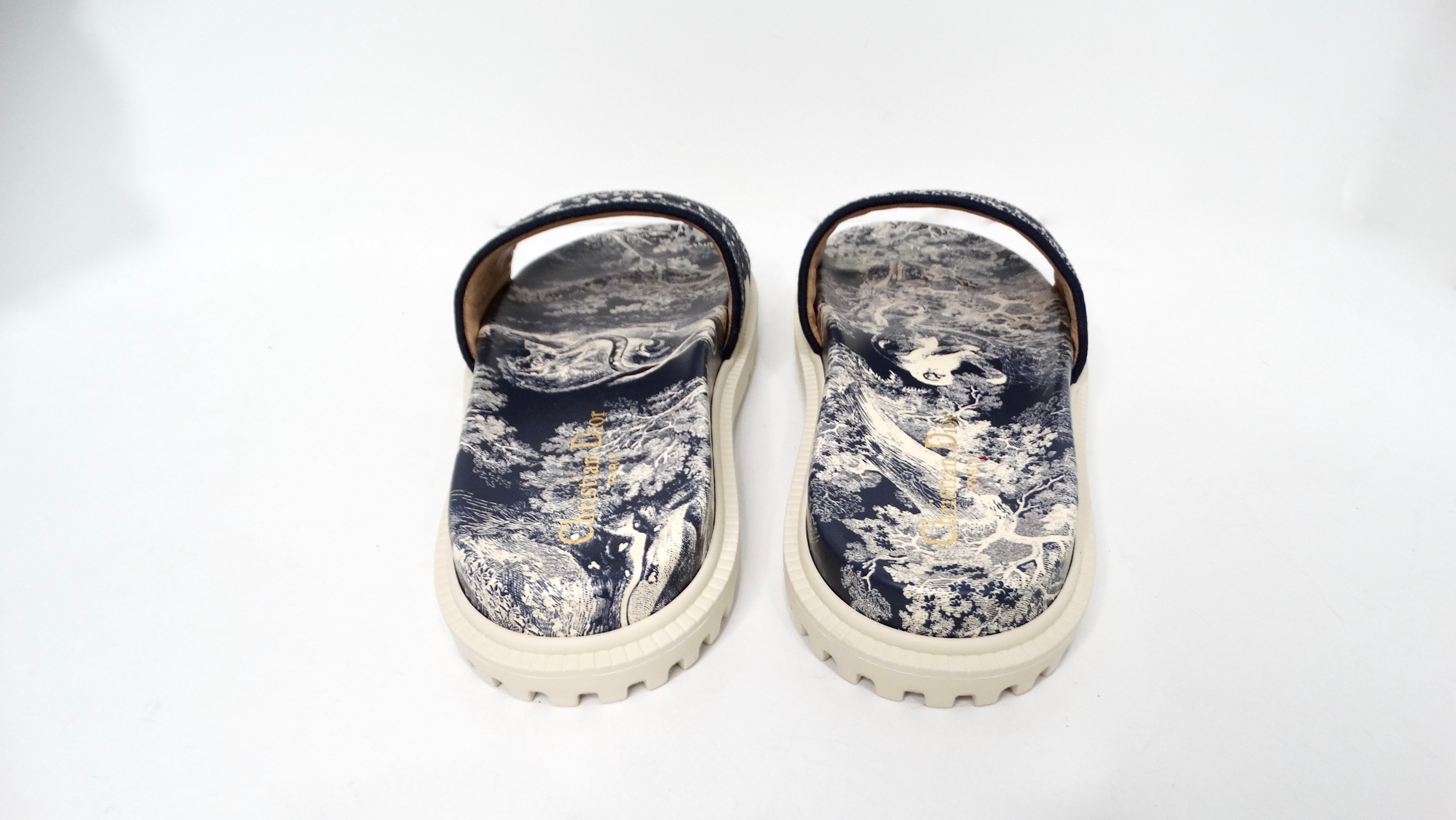 Women's Christian Dior Dway Canvas Toile de Jouy Blue Embroidered Slides For Sale