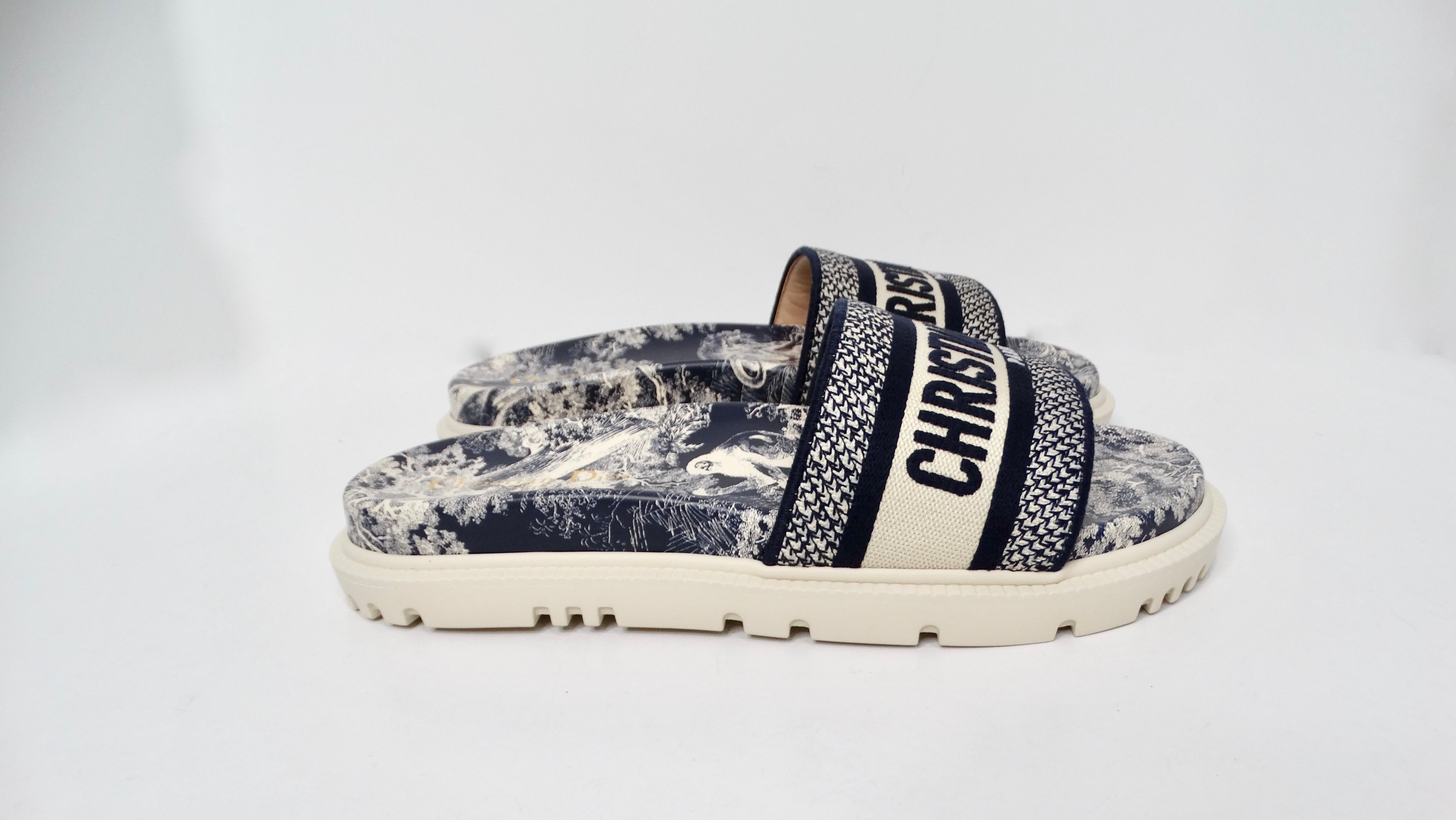 Christian Dior Dway Canvas Toile de Jouy Blue Embroidered Slides For Sale 1