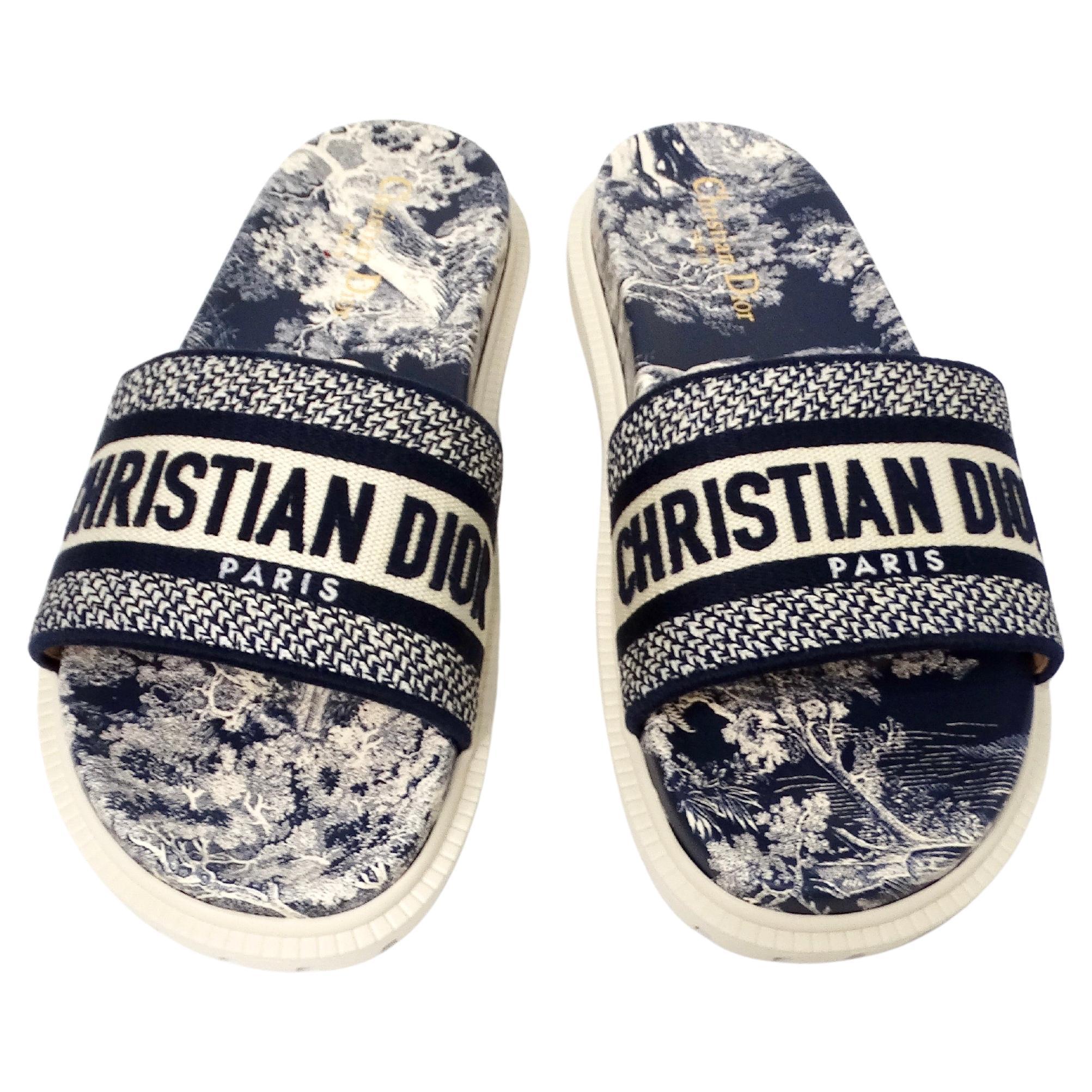 Christian Dior Dway Canvas Toile de Jouy Blue Embroidered Slides For Sale