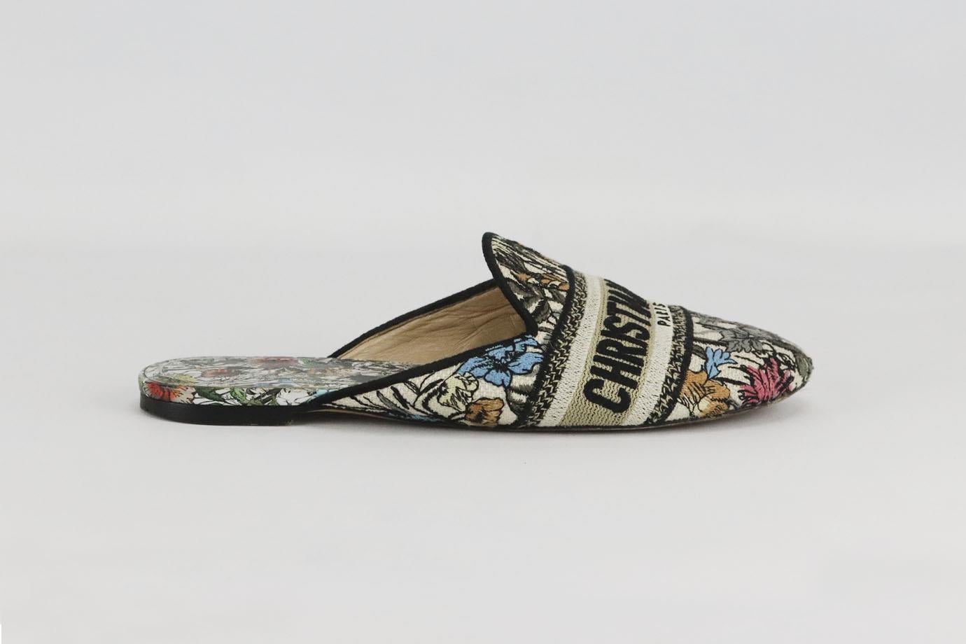 Christian Dior DWay embroidered cotton canvas and leather slippers. Multicoloured. Slip on. Comes with dustbag. Size: EU 38.5 (UK 5.5, US 8.5). Insole: 9.7 in. Heel: 0.8 in Very good condition - Wear to soles. Some wear to upper material; see