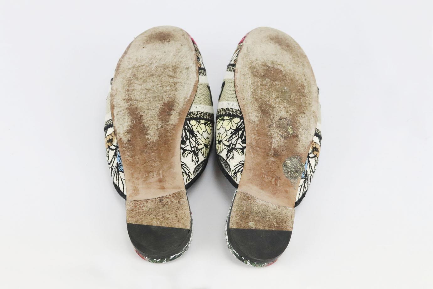 Christian Dior Dway Embroidered Cotton Canvas And Leather Slippers Eu 38.5 In Excellent Condition In London, GB