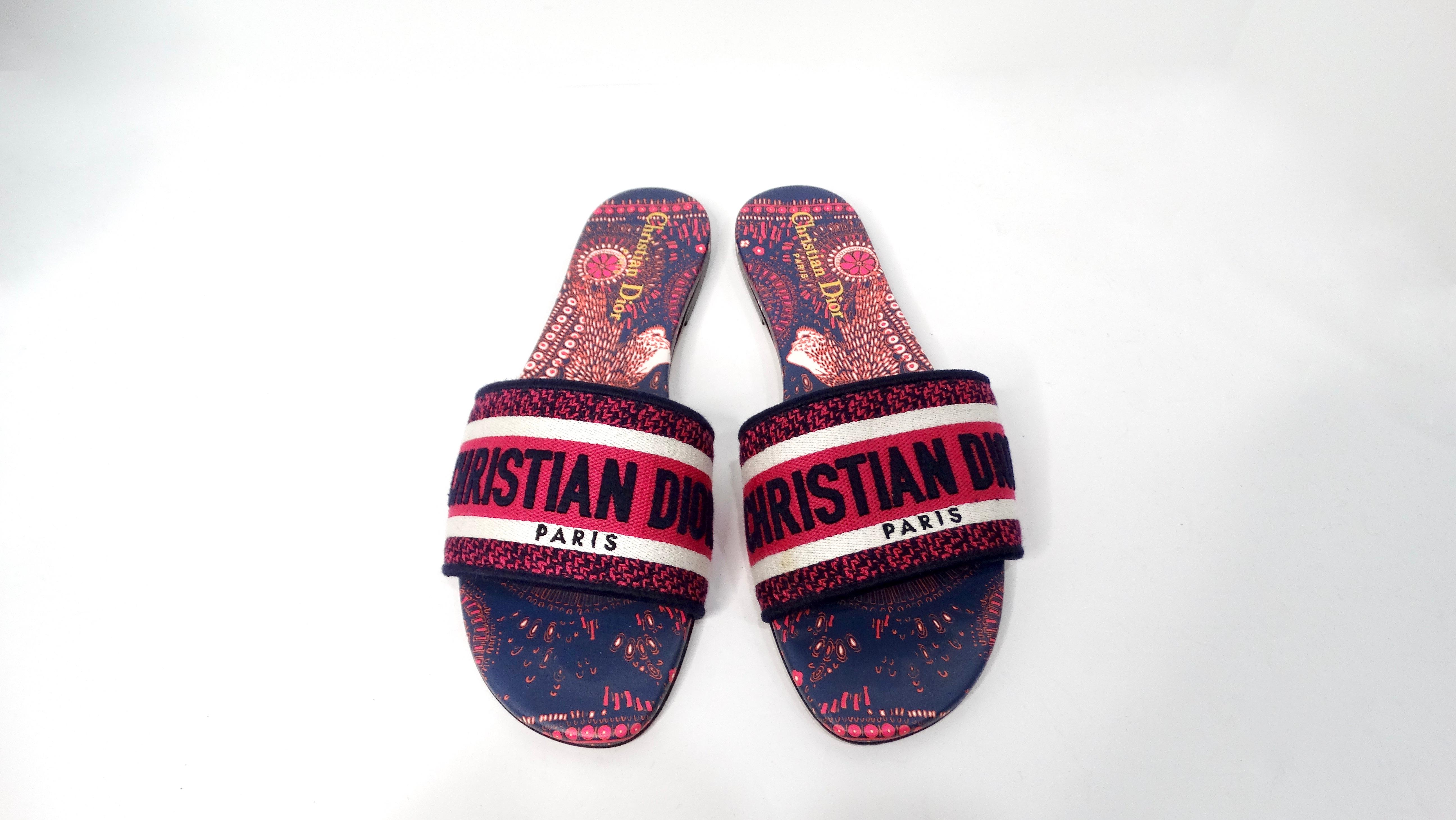 Noir Christian Dior Slides en toile imprimée bleu marine et rose en vente
