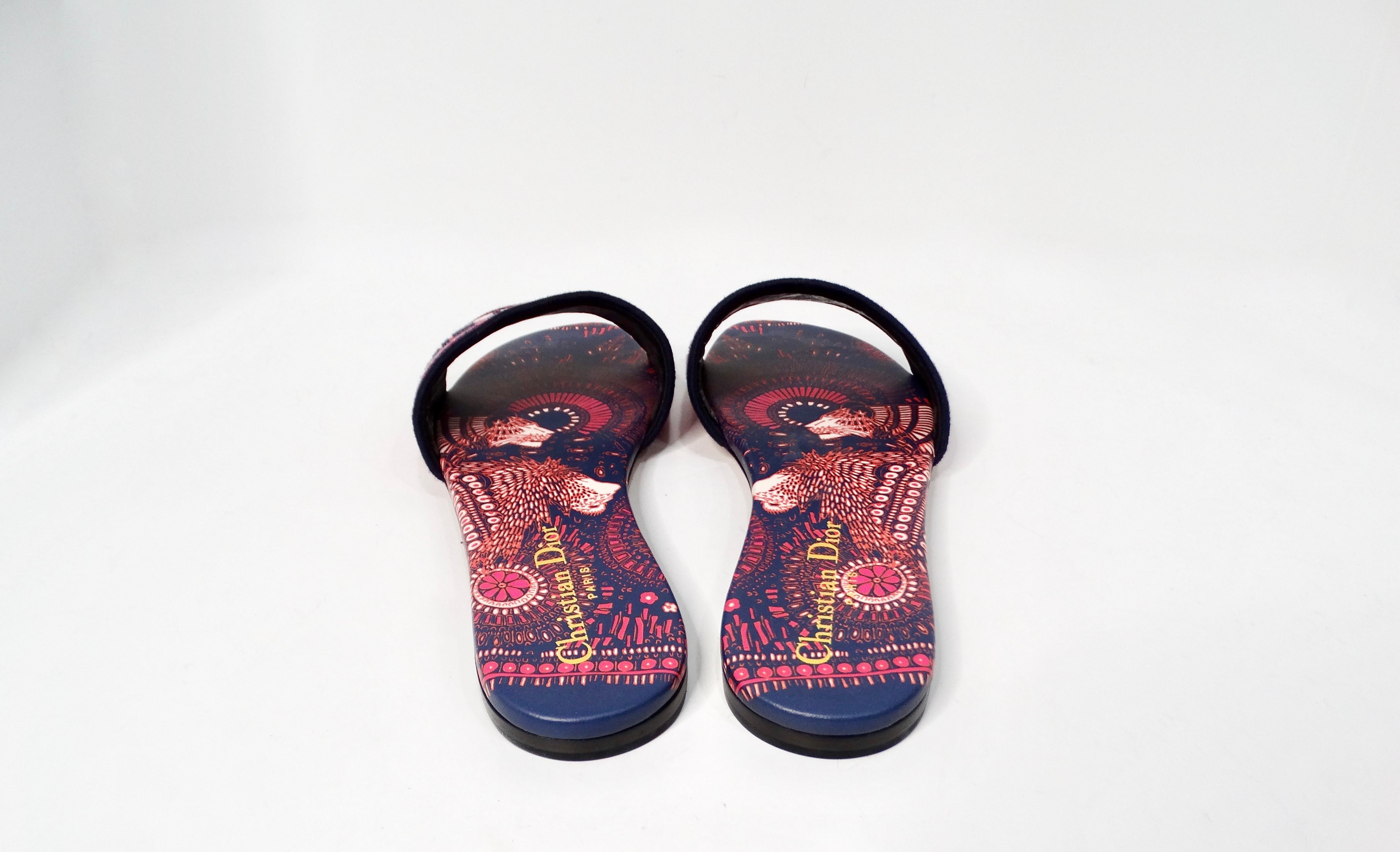 Christian Dior Slides en toile imprimée bleu marine et rose en vente 1