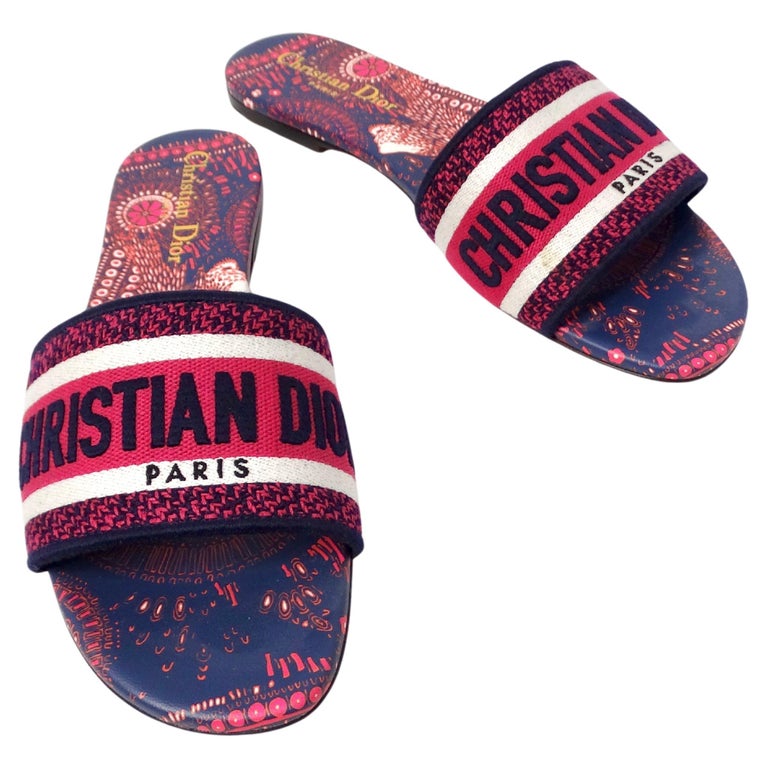 Christian Dior Dway Navy Blue and Pink Printed Canvas Slides For