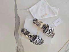Christian Dior Dway Slides in Navy Blue Embroidered Toile de Jouy 39.5