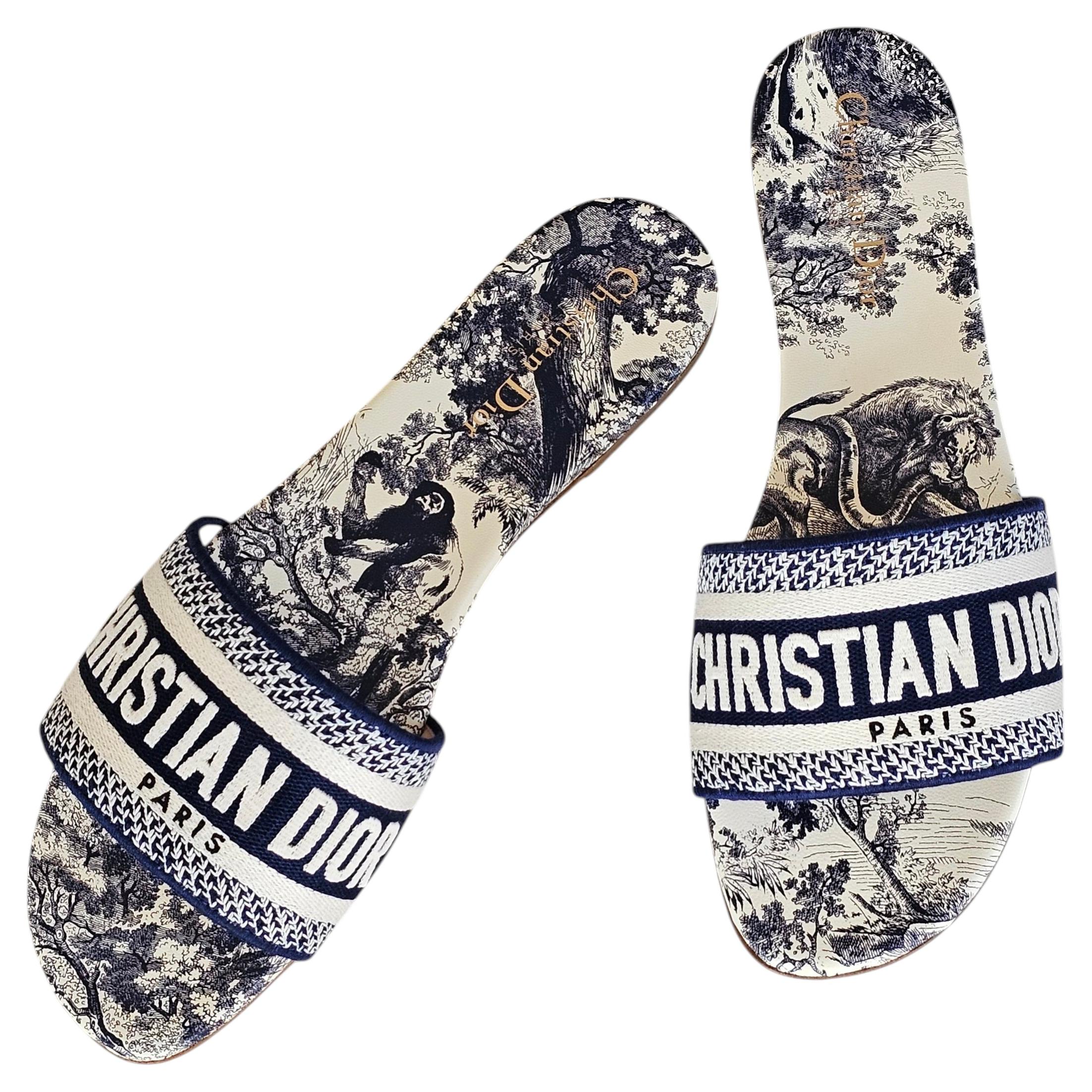 Christian Dior Dway Slides in Navy Blue Embroidered Toile de Jouy 39.5 For Sale