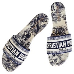 Christian Dior Dway Slides in Navy Blue Embroidered Toile de Jouy 39.5