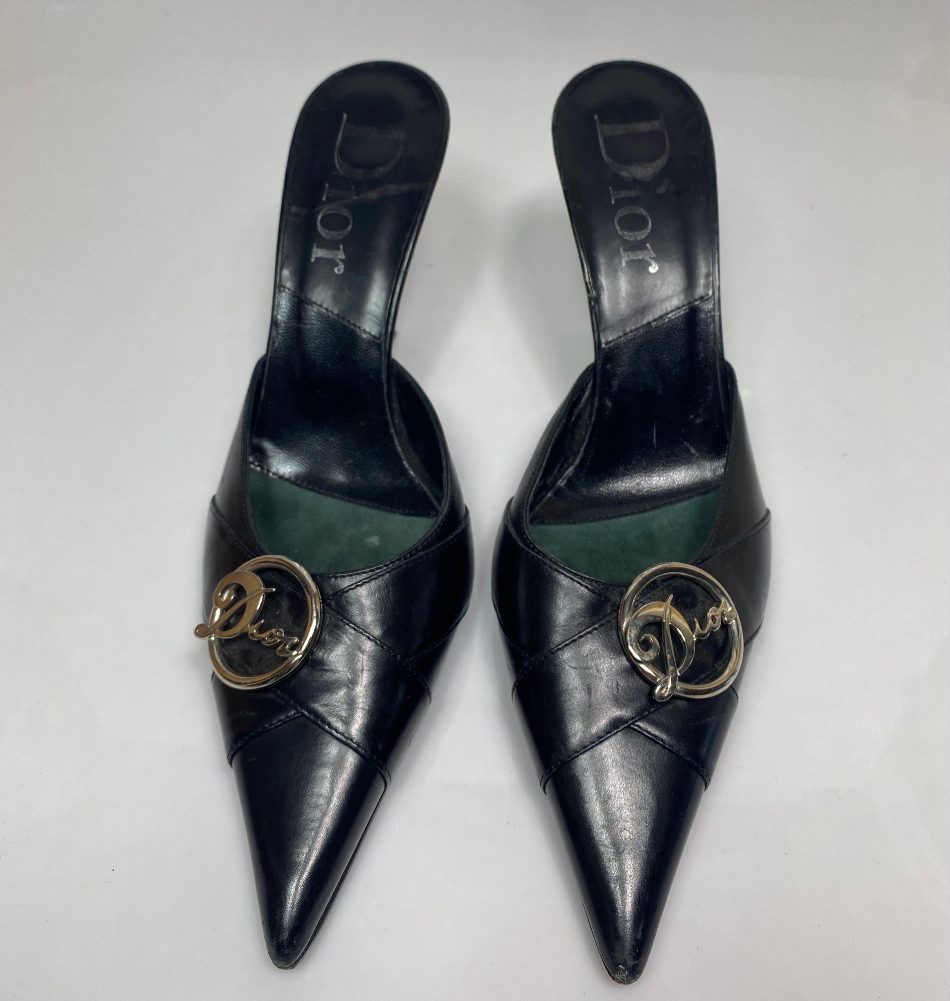 Christian Dior Early 2000’s Vintage Black Leather High Heel Slide - Size 39 In Good Condition In West Palm Beach, FL