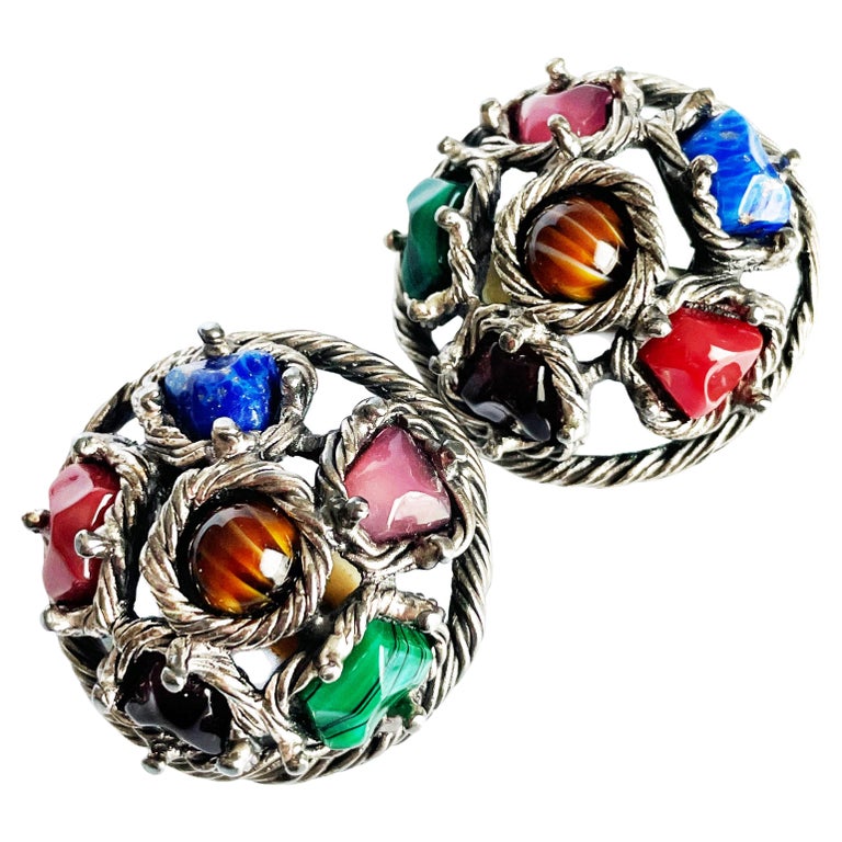 Christian Dior Earrings Colorful Natural Stones Silver Metal Clip Style  Vintage For Sale at 1stDibs