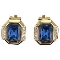 Christian Dior Earrings Gold Finish Metal Dark Blue & Clear Crystals Clip On Ear