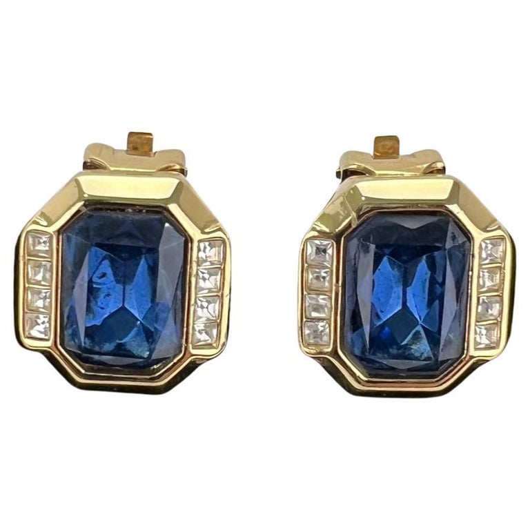 Christian Dior Earrings Gold Finish Metal Dark Blue and Clear Crystals