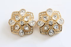 Christian Dior Earrings Gold Pear Shaped Rhinestones Clip Style