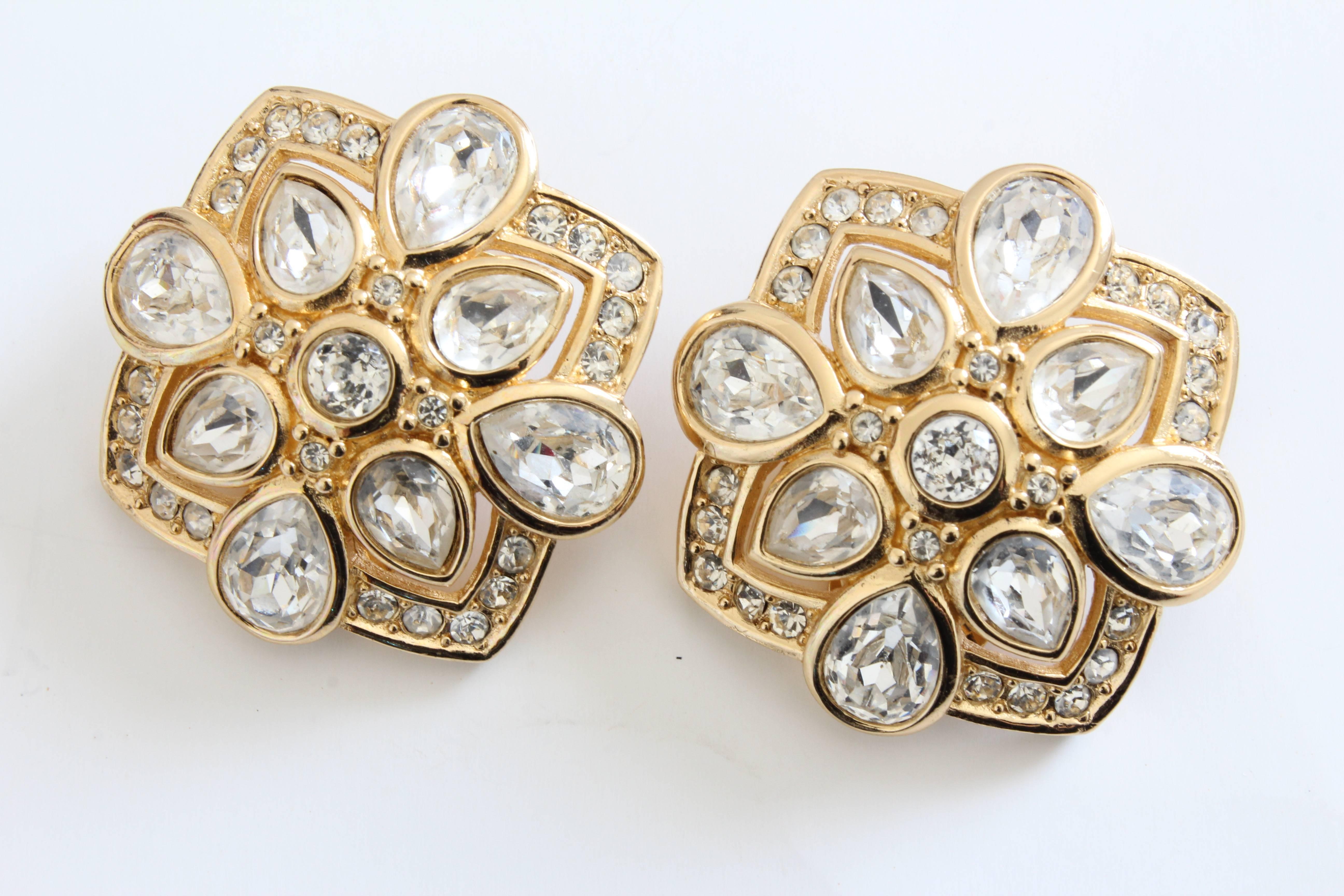Contemporary Christian Dior Earrings Gold Pear Shaped Rhinestones Clip Style 