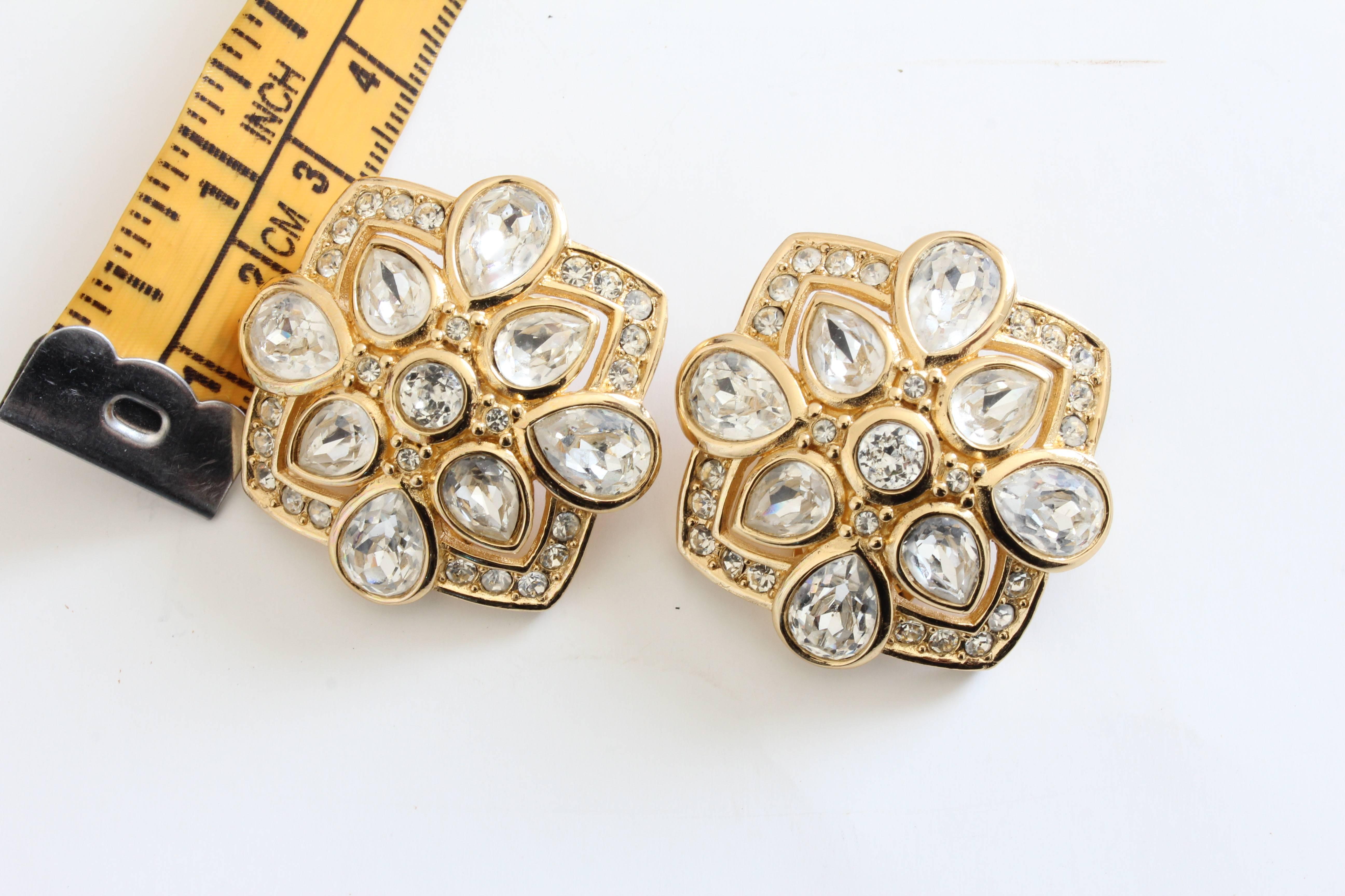 Christian Dior Earrings Gold Pear Shaped Rhinestones Clip Style  In Good Condition In Port Saint Lucie, FL