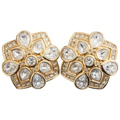 Christian Dior Earrings Gold Pear Shaped Rhinestones Clip Style