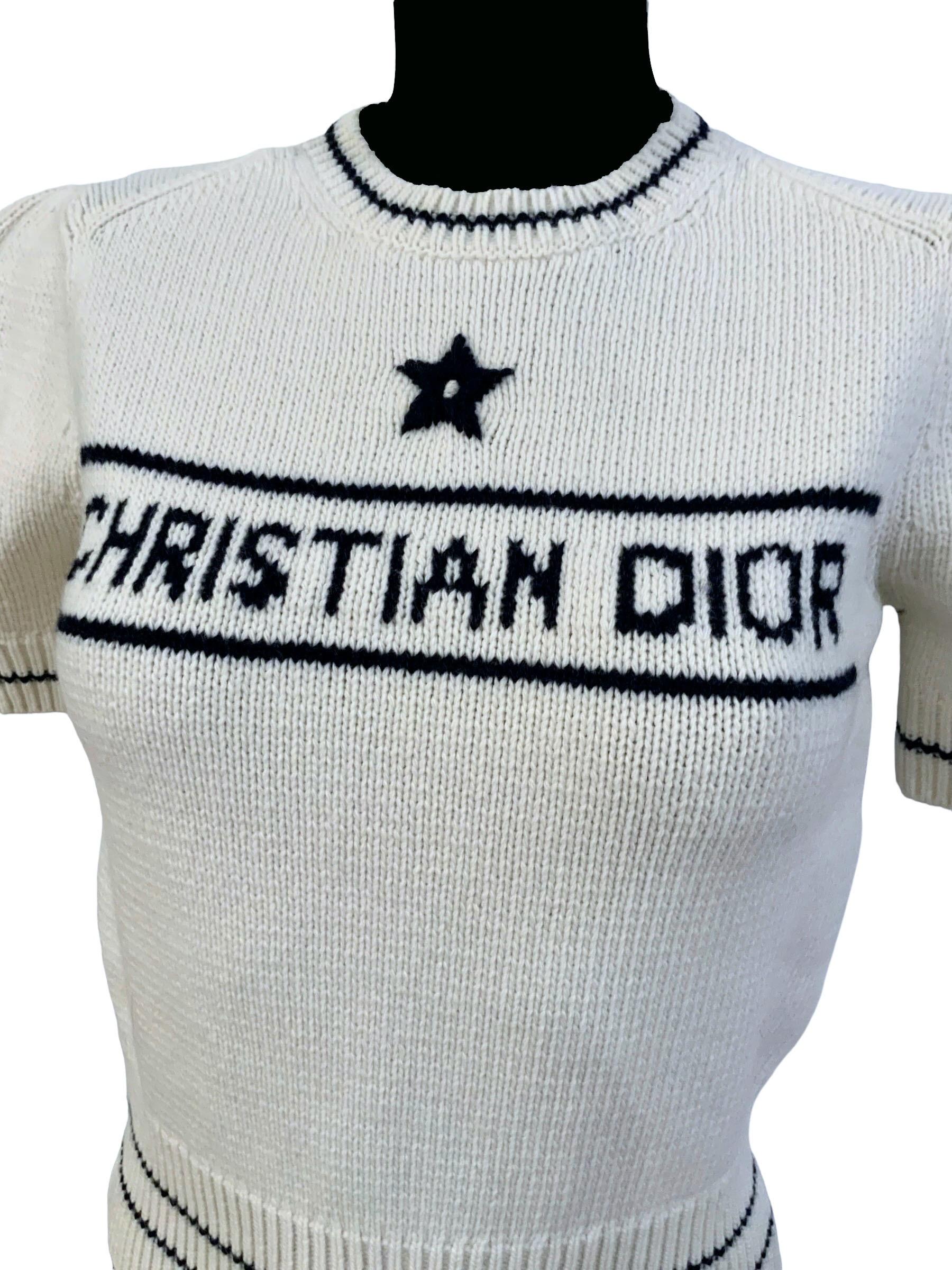 Women's Christian Dior Ecru Cashmere and Wool Knit Short - Sleeved Sweater