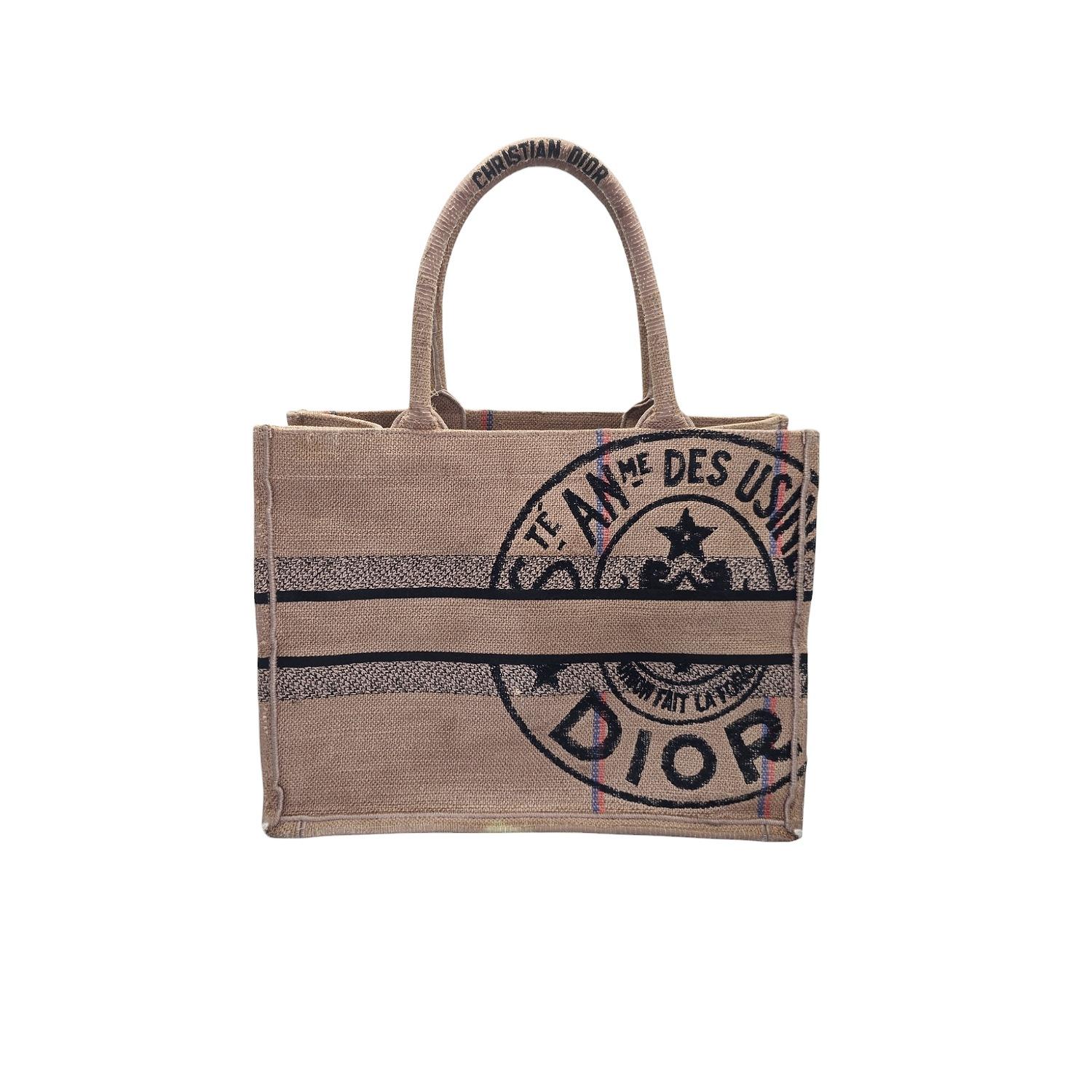 Brown Christian Dior Embroidered Canvas Jute Medium Book Tote For Sale