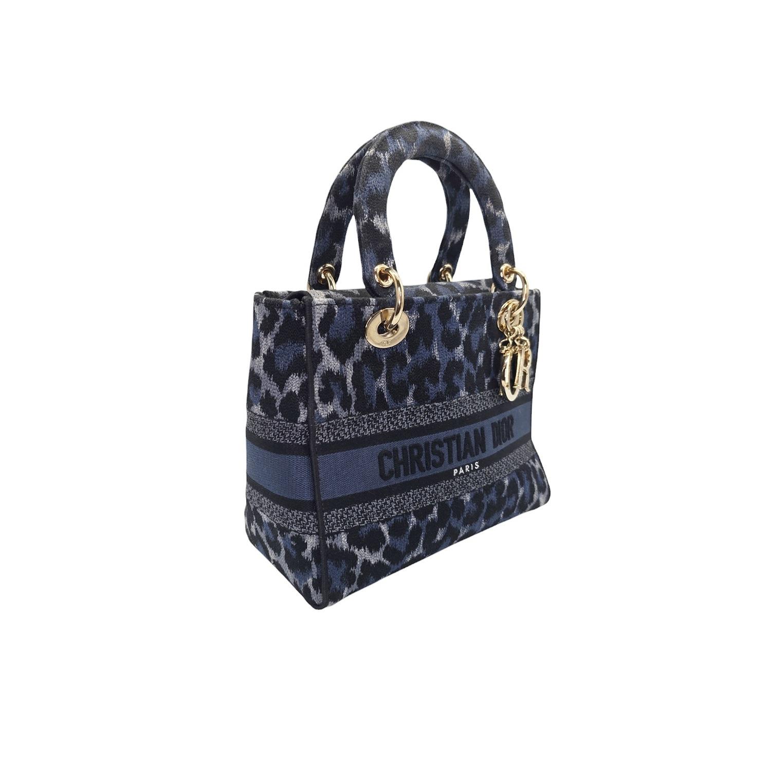 Black Christian Dior Embroidered Canvas Mizza Medium Lady D-Lite Bag Blue