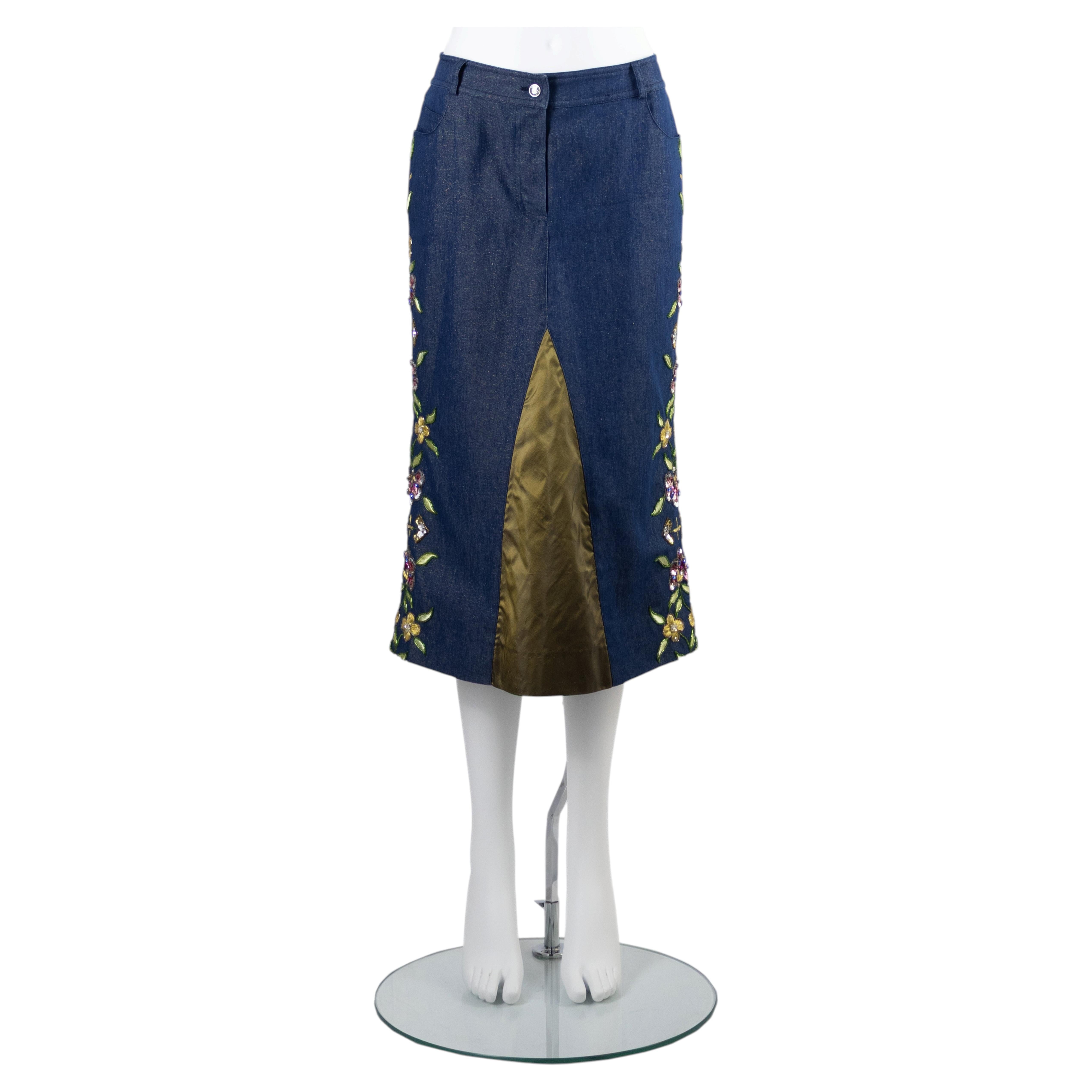 Christian Dior by John Galliano Embroidered Denim Midi Skirt Spring/Summer 2002