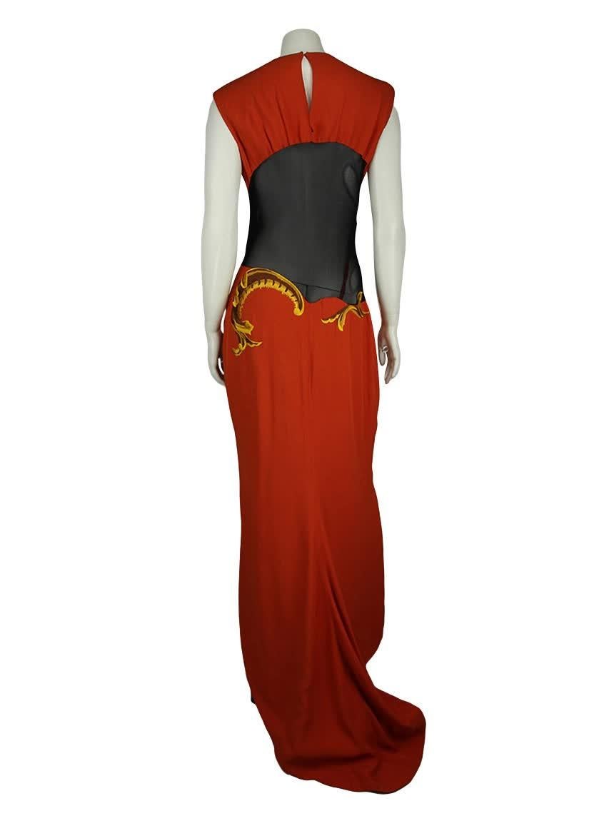 Red Christian Dior Embroidered Orange Long Dress with Black Tulle detail