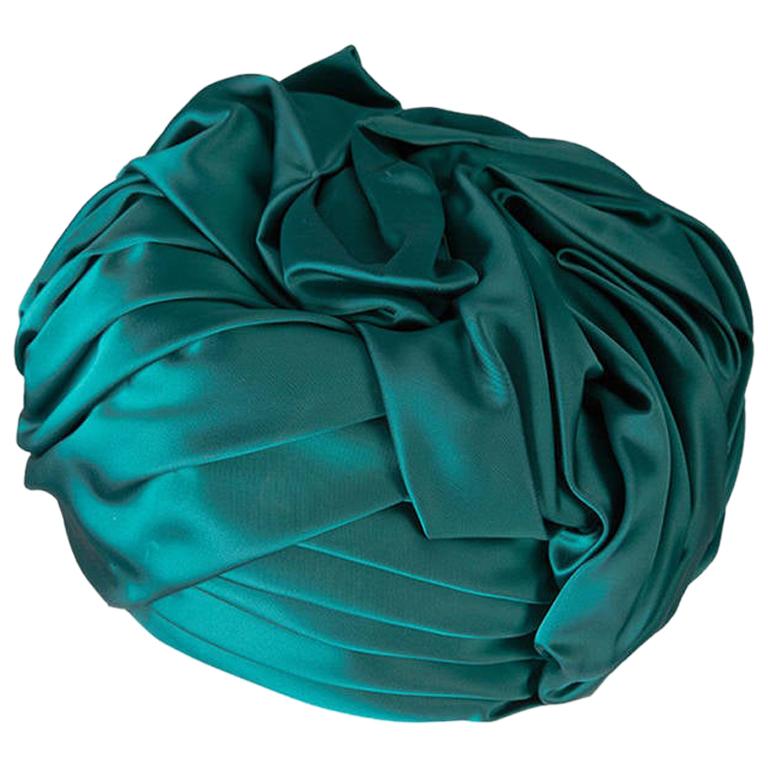 Christian Dior Emerald Green Silk Satin Turban Hat, 1960s