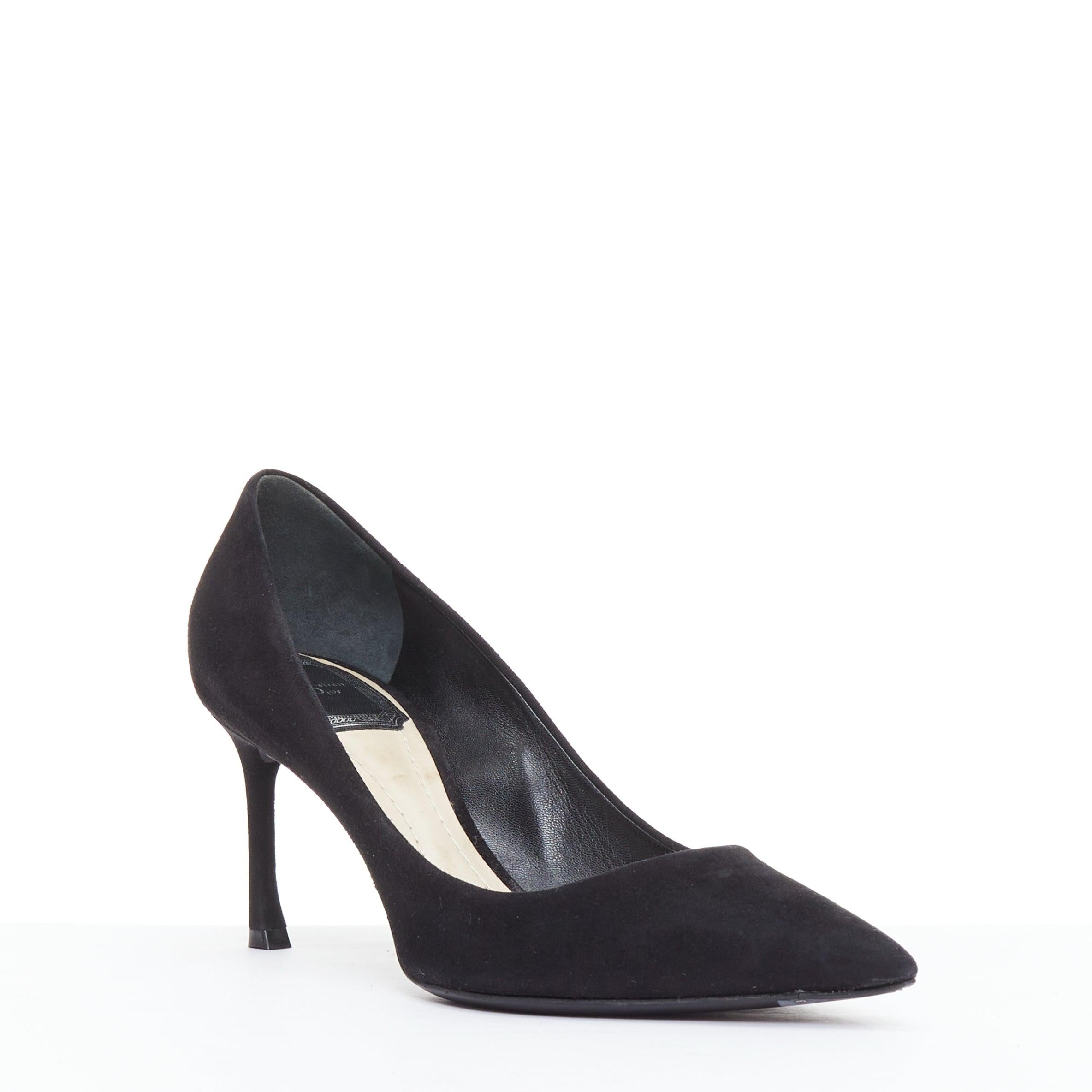 CHRISTIAN DIOR Essence  70 black suede leather curved heel pumps EU36
Reference: KYCG/A00108
Brand: Dior
Model: Origine
Material: Suede
Color: Black
Pattern: Solid
Closure: Slip On
Lining: Nude Leather
Extra Details: Curved heels.
Made in: