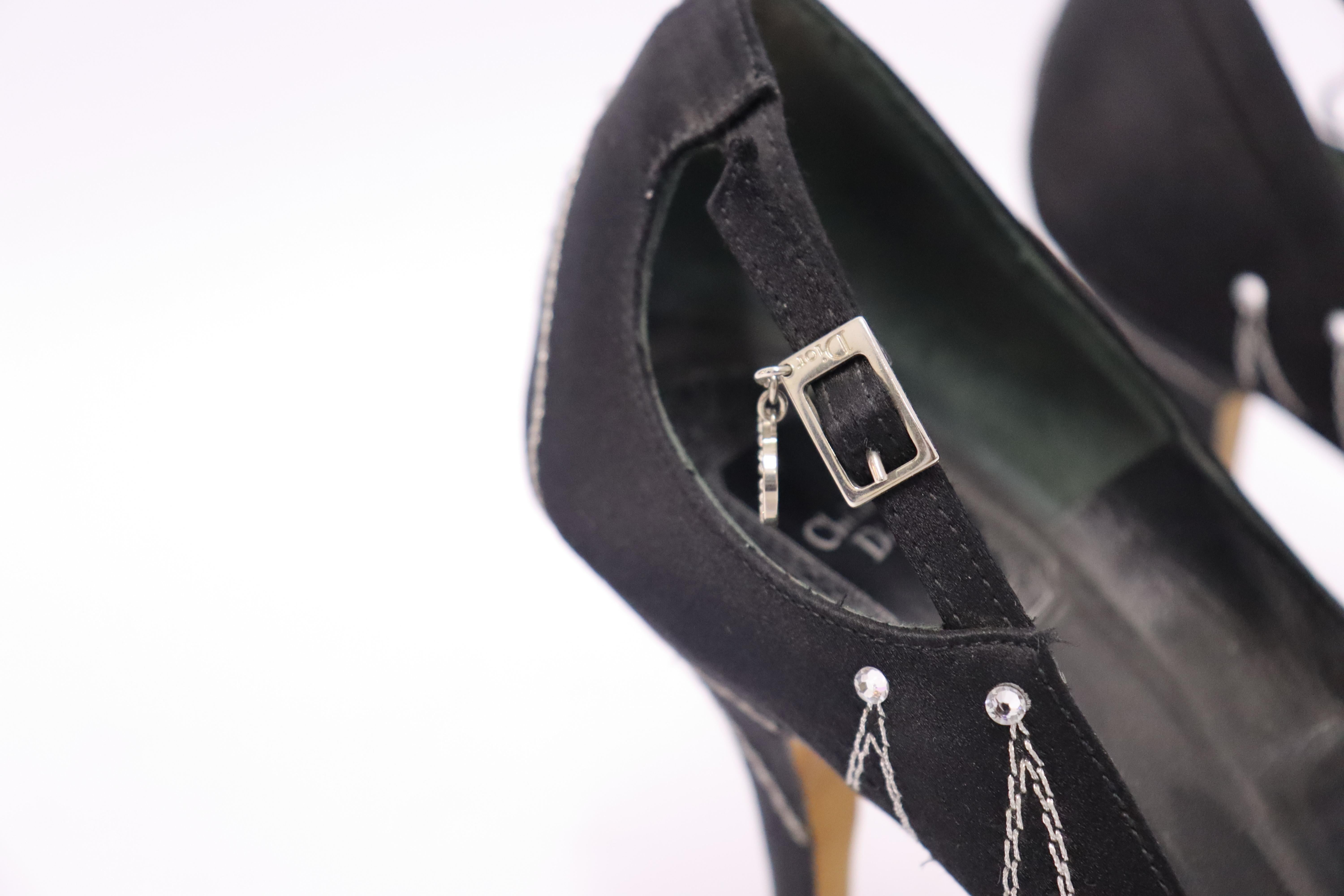 Christian Dior EU 38 Open Toe Black Satin Crystal and Threading Embellished For Sale 4